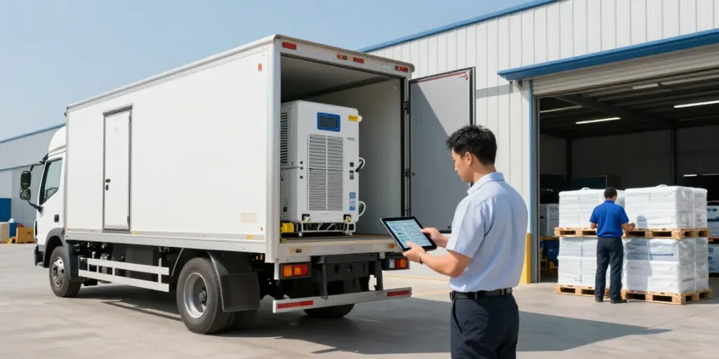 Kühltransport Deutschland: Professionelle Kühltransport-Szene mit Kühlfahrzeug und Logistikmanager, der Temperaturprotokolle überprüft.
