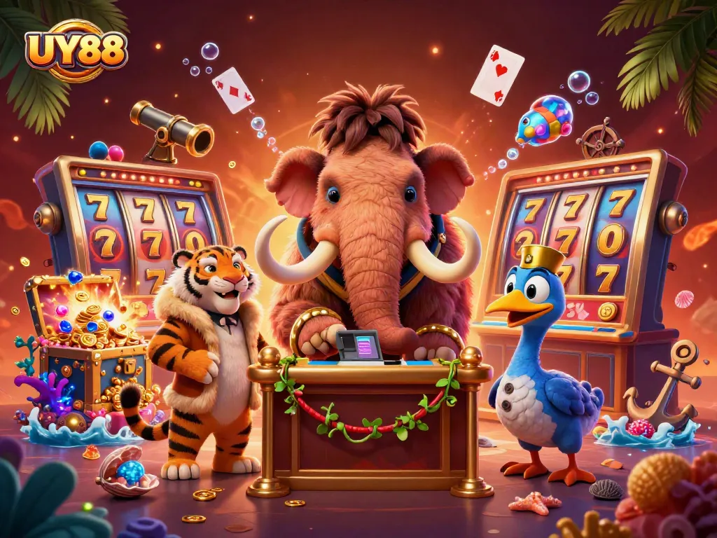 Experience casino excitement at UY88 with a playful woolly mammoth bouncer and lively game elements.