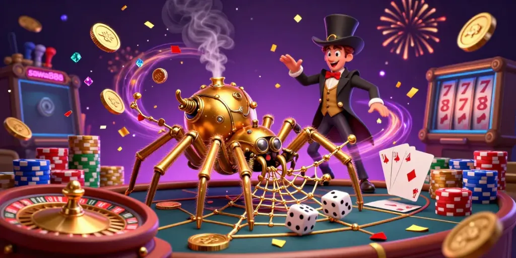 Catch the excitement of sawa888 in this vibrant 3D casino illustration featuring a golden spider and playful dice.