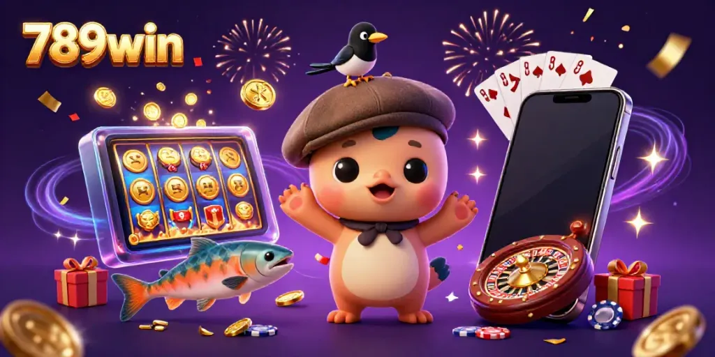 Engage in the excitement of slots and casino games with 789win's vibrant scene featuring Nessie and friends.