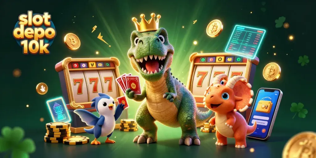 Slot depo 10k mempersembahkan ilustrasi kasino dengan karakter dino yang mengocok kartu dan triceratops yang menumpuk chip emas.