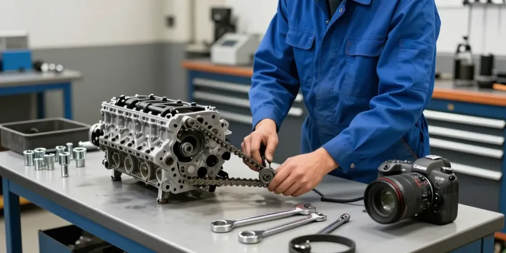 BMW Steuerkette wechseln in einer professionellen Werkstatt mit Mechaniker und Werkzeugen