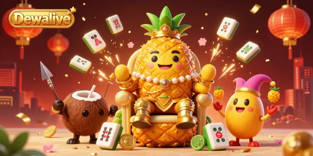 Engage in festive gameplay at Dewalive, featuring a golden pineapple king and tropical elements.