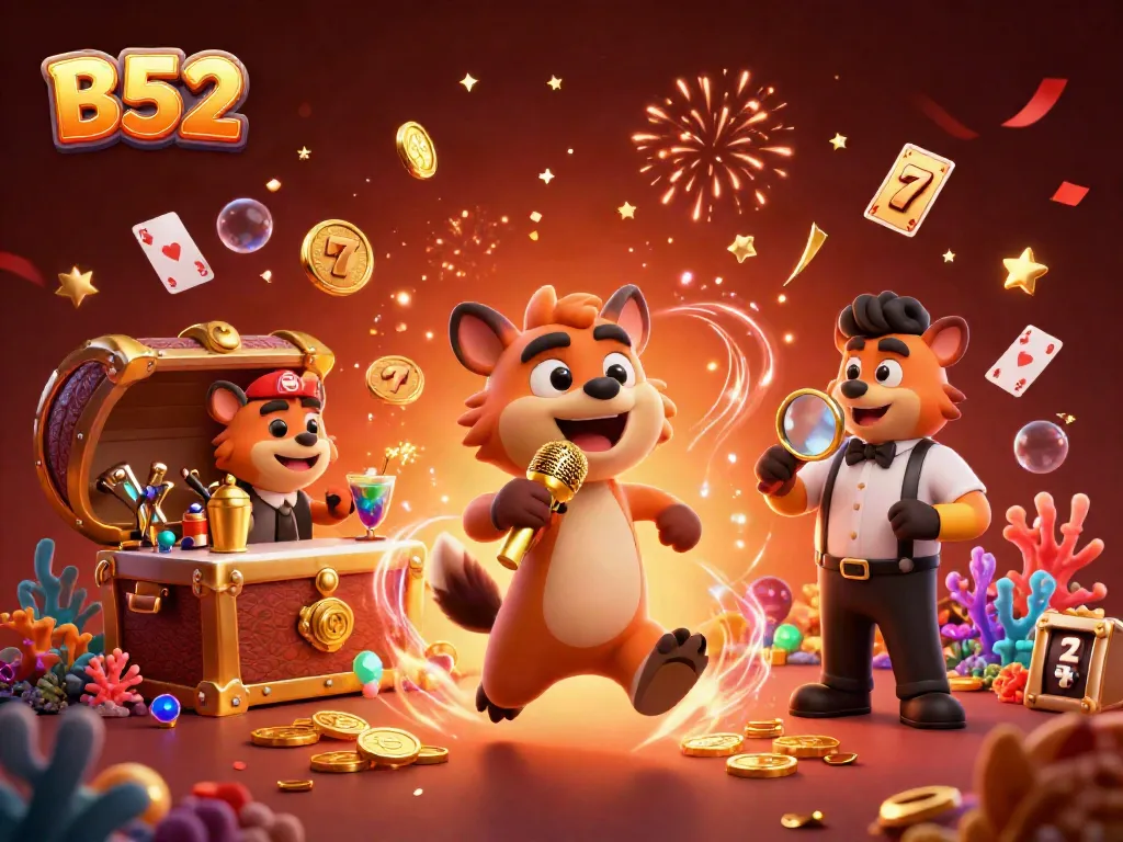 Experience the vibrant B52 casino scene with lively hyenas entertaining guests amidst gold coins and treasure.