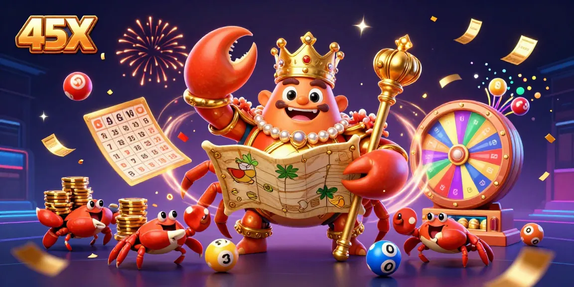 Engage with 45X as a golden crab emperor amidst bingo and lottery excitement.