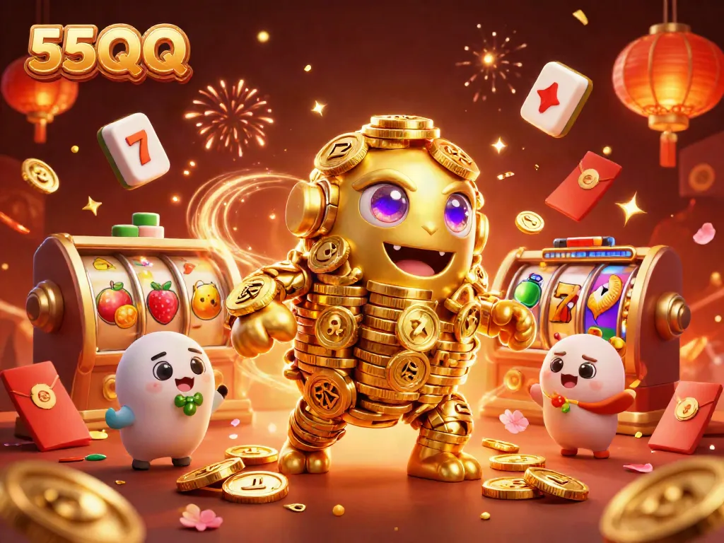 Spin the reels of 55QQ and win big with vibrant casino elements in this dynamic illustration.