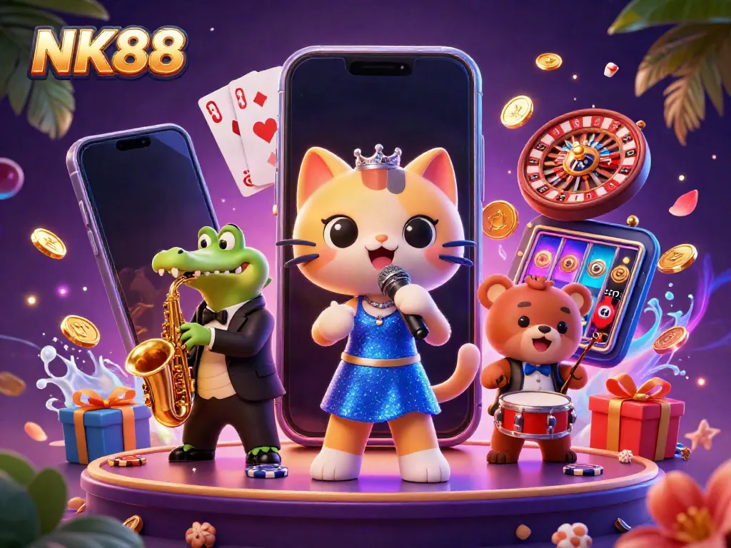 Experience the thrill of NK88 casino with a jazz-singer cat and lively characters amid vibrant gaming elements.