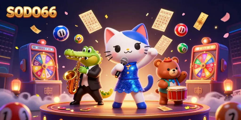 Experience the vibrant energy of SODO66 with a lively cartoon scene featuring a singing cat, saxophone-playing crocodile, and a drum-playing bear in a casino.