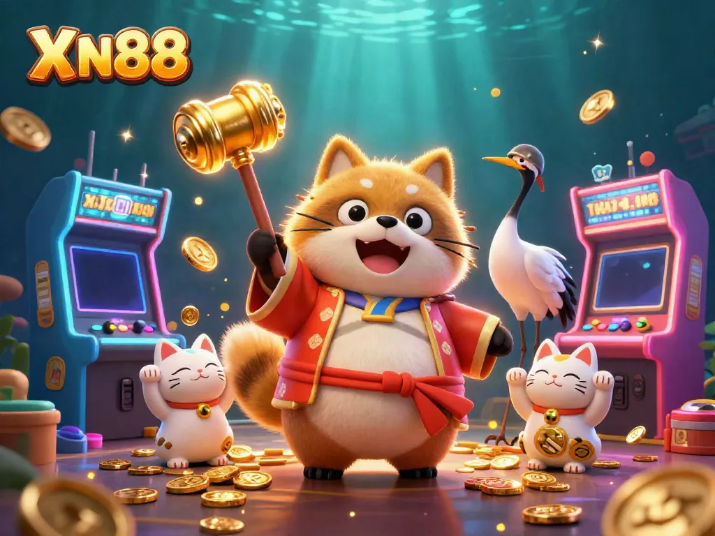 Experience the excitement at XN88 with a cheerful tanuki and vibrant casino elements enhancing your gaming adventure.