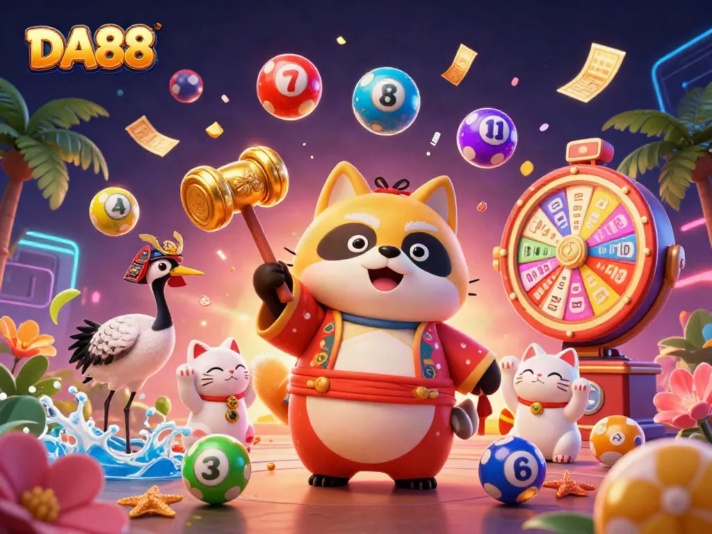 DA88 celebrates winning moments with a vibrant 3D illustration of a cheerful tanuki amidst colorful lottery elements.