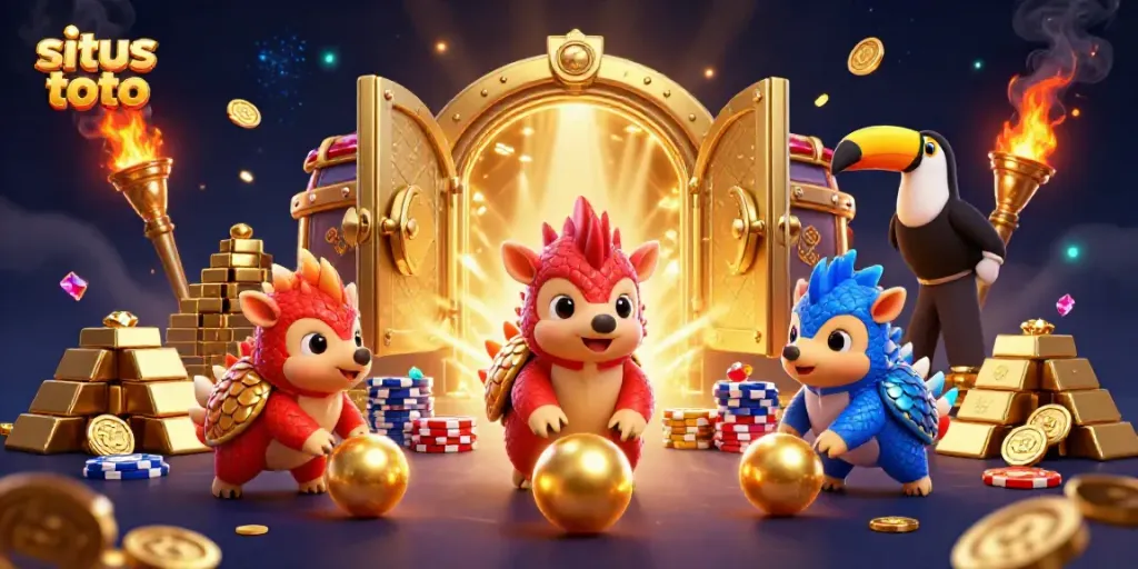 Rival pangolins in red and blue armor enjoying situs toto gaming amidst golden treasures and poker chips