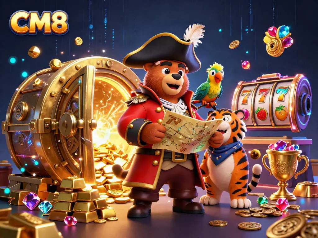 CM8-themed casino adventure with playful pirate captain bear, fierce tiger first mate, and magical treasures.