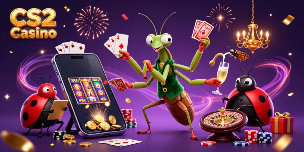 Engaging scene of CS2 Casino featuring giant mantis and ladybug characters, vibrant casino elements
