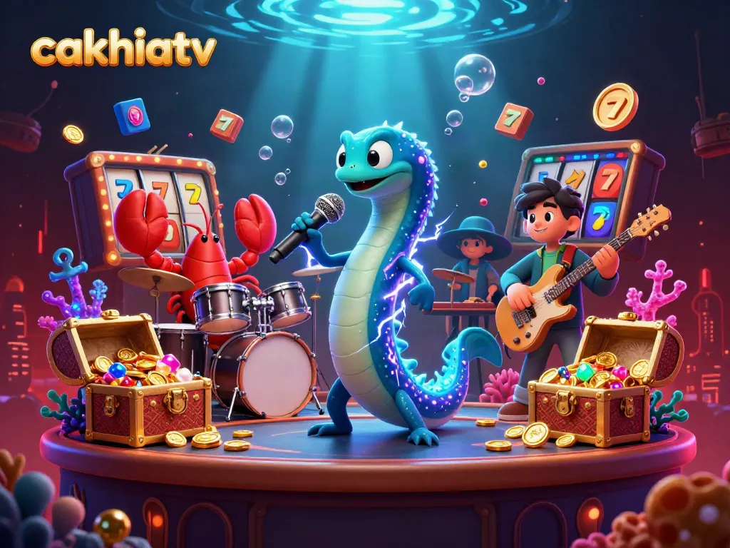 Cakhiatv's dynamic casino scene showcases an electric eel DJ, a lobster drummer, and a seahorse guitarist in an underwater stage.