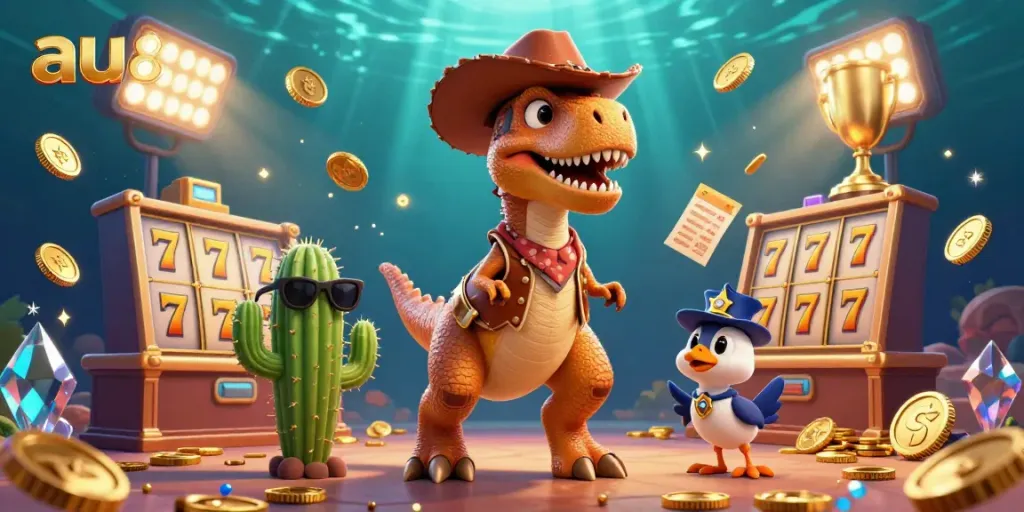 Engage with the vibrant world of au88 featuring a playful cowboy dinosaur amidst captivating slot games and gold coins.