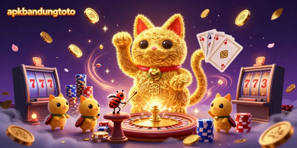 Engage with apkbandungtoto's vibrant casino world through a dynamic illustration of a lucky cat and captivating game elements.