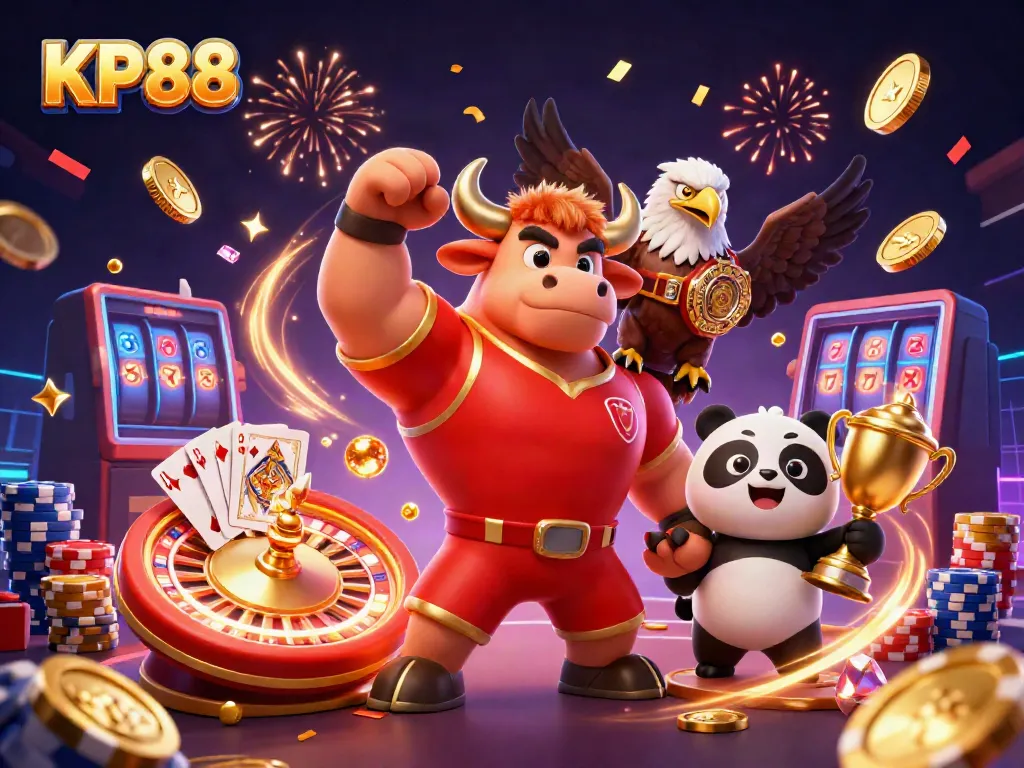 Win big at KP88 with exciting casino elements, including a victory bull, eagle, and panda.