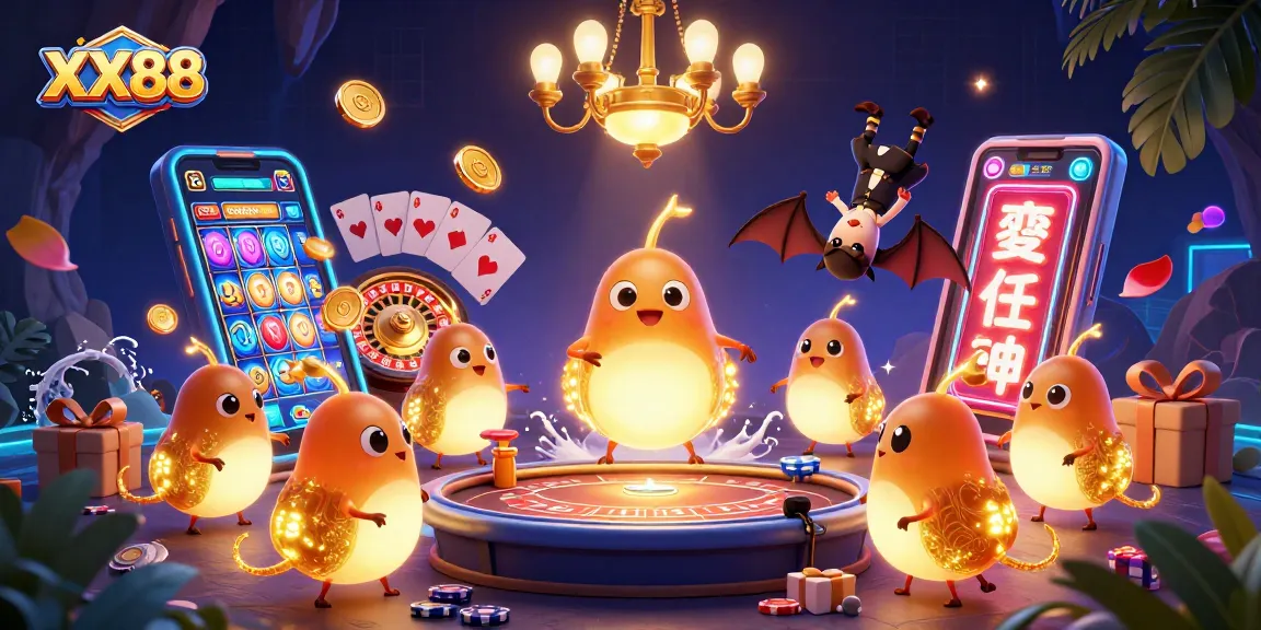 Experience the vibrant glow of XX88's casino with glowing glowworms, fun games, and excitement in a dynamic scene.