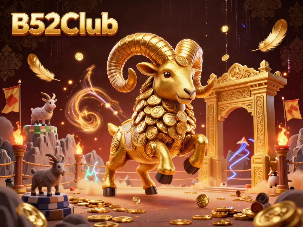 B52Club features dynamic 3D cartoon illustration of a golden ram amidst a vibrant gambling arena.