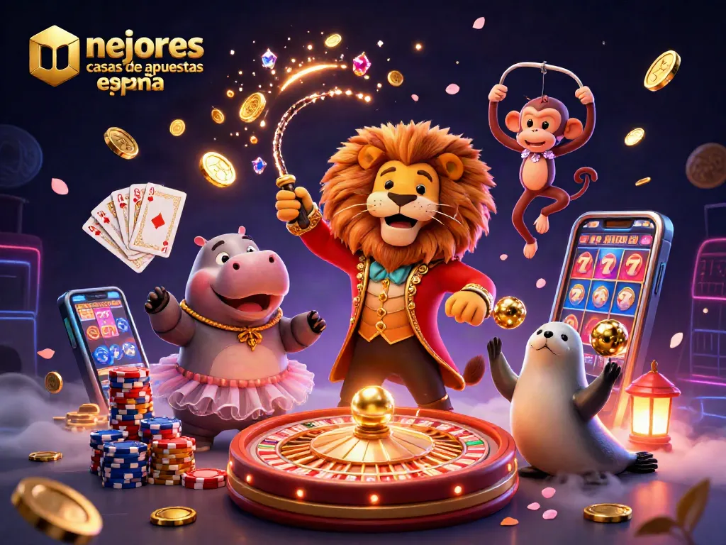 Mejores casas de apuestas España, vibrante ilustración 3D de personajes de casino rodeados de monedas y elementos de juego.