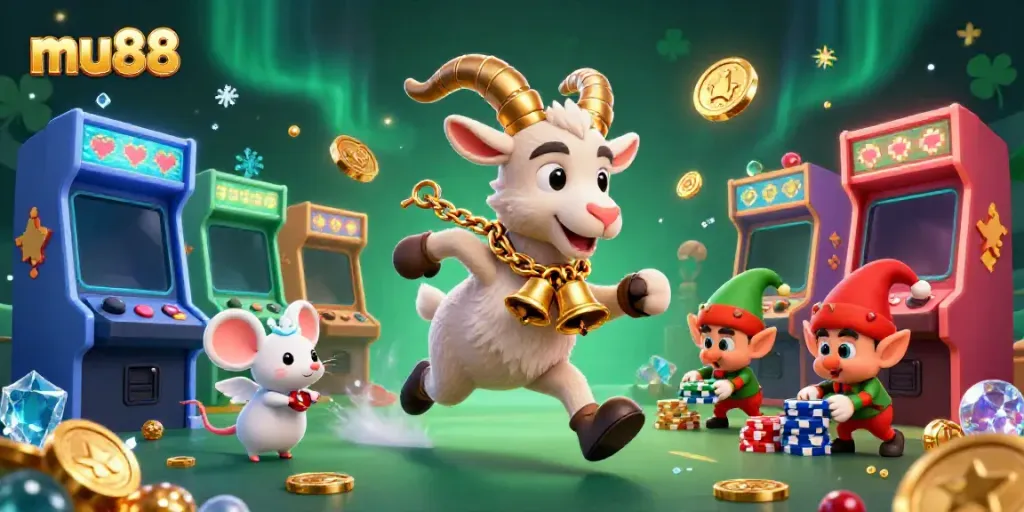 Experience the thrilling fun at mu88 with Krampus and festive characters in a chaotic casino scene.