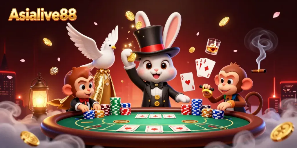 Experience the excitement of Asialive88 with a vibrant illustration of a rabbit magician, poker chips, and golden coins.