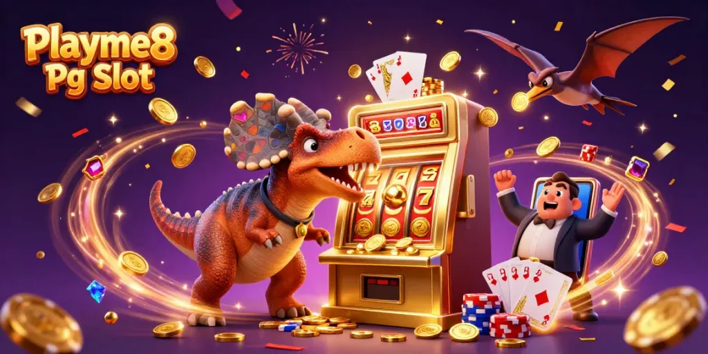 เล่น Playme8 Pg Slot โดยมีตัวละคร 3D และสล็อตแมชชีนทองคำที่แสดงถึงการชนะ