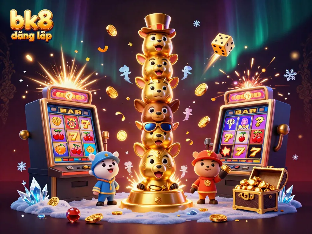 Experience the colorful world of bk8 đăng nhập with a dynamic casino scene featuring golden totem characters and a jackpot slot explosion.