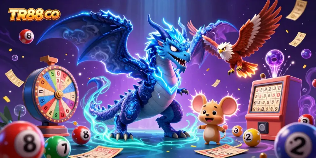 Experience thrilling wins with TR88 CO amidst vibrant lottery elements and animated characters.