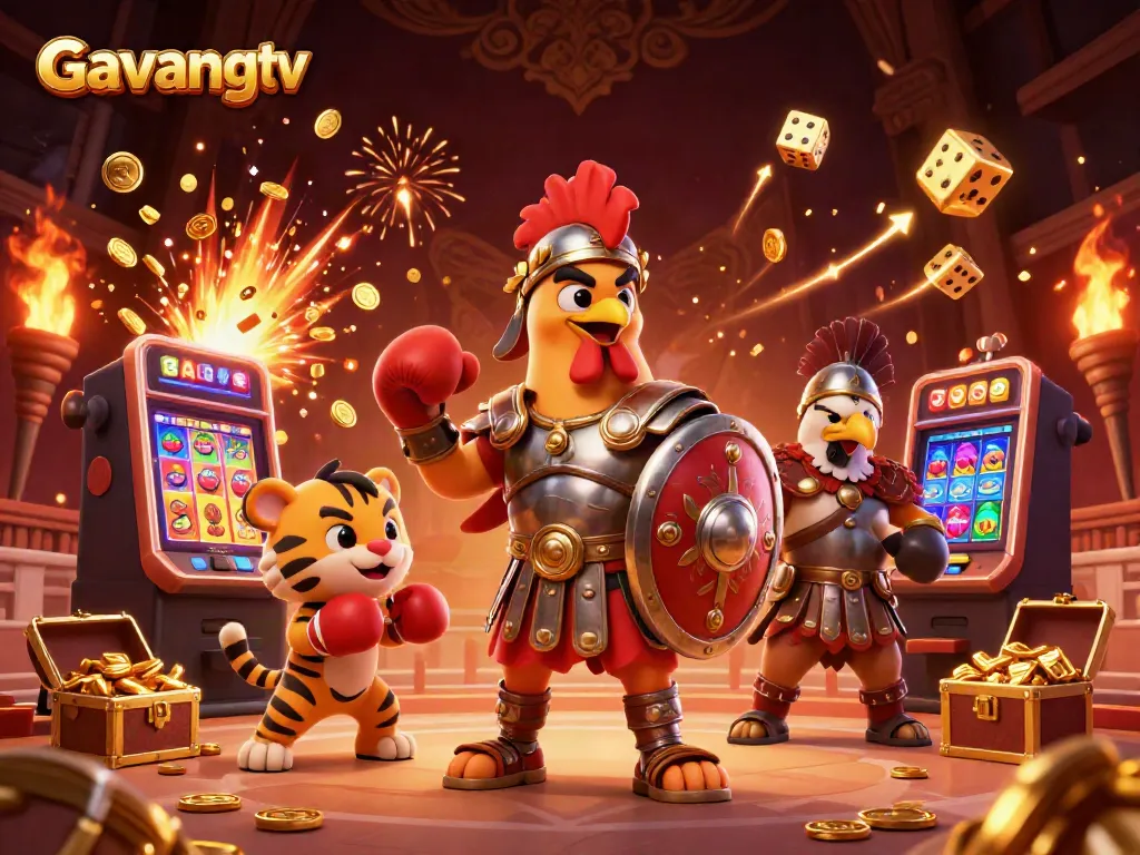 Experience thrilling gaming action with Gavangtv's dynamic casino scene featuring a gladiator rooster and exciting jackpots.
