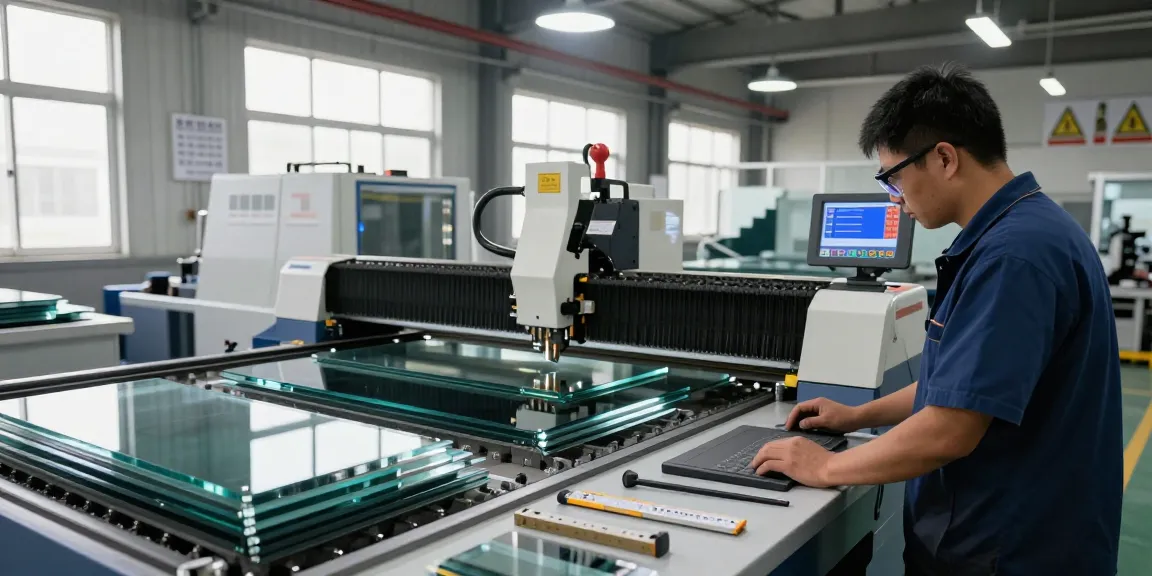 CNC glass cutting machine in operation at industrial facility demonstrating precision and efficiency in glass processing.