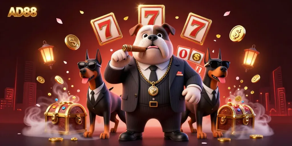 Experience thrilling gaming at AD88 with cartoon mafia figures, slot elements, and golden treasures.