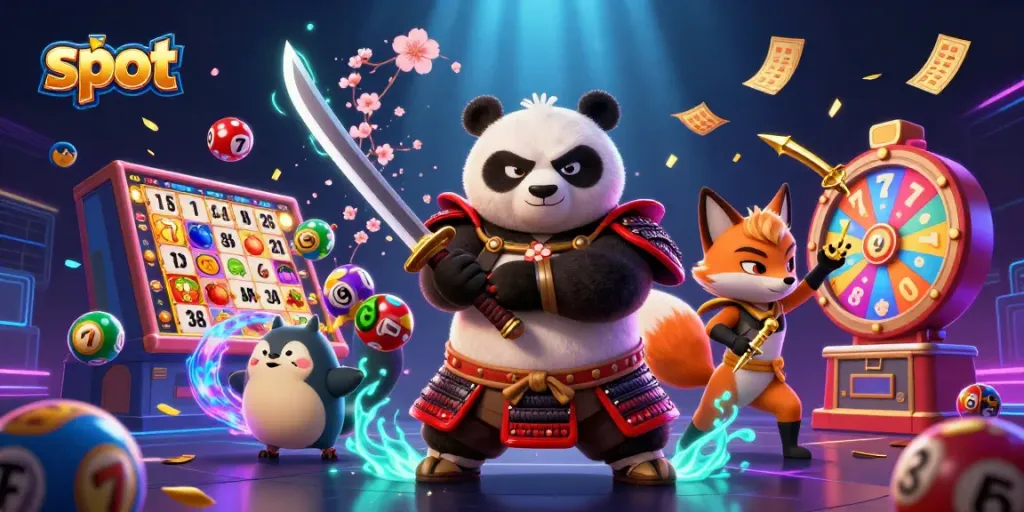 Experience the thrill of slots with captivating samurai panda and ninja fox in a vibrant casino scene.