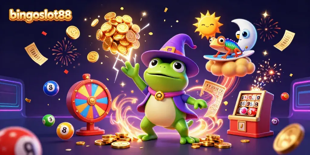 Menangkan permainan menarik di bingoslot88 dengan ilustrasi slot penuh warna dan koin emas