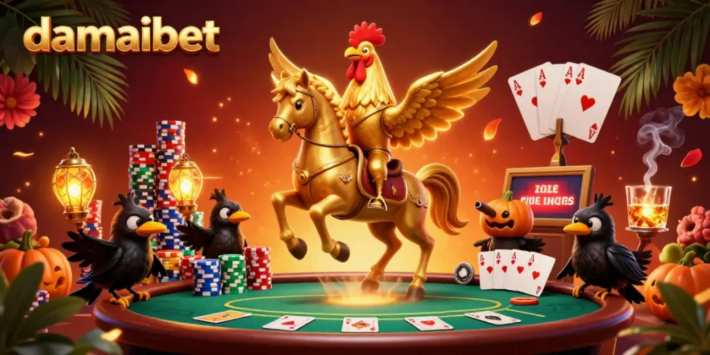 Experience the thrilling atmosphere of a damaibet casino with a golden rooster and spectral horse amidst poker and vibrant games.