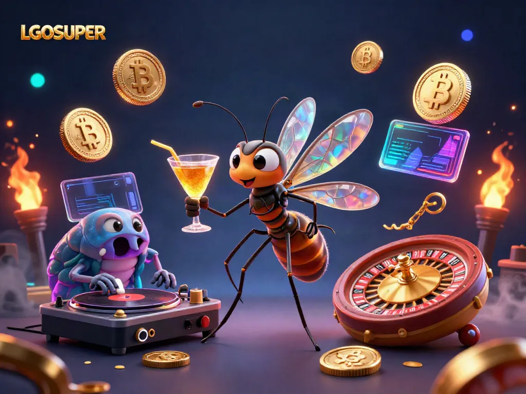 Play and win with LGOSUPER as a frozen mosquito mascot and trilobite DJ in a vibrant casino scene.
