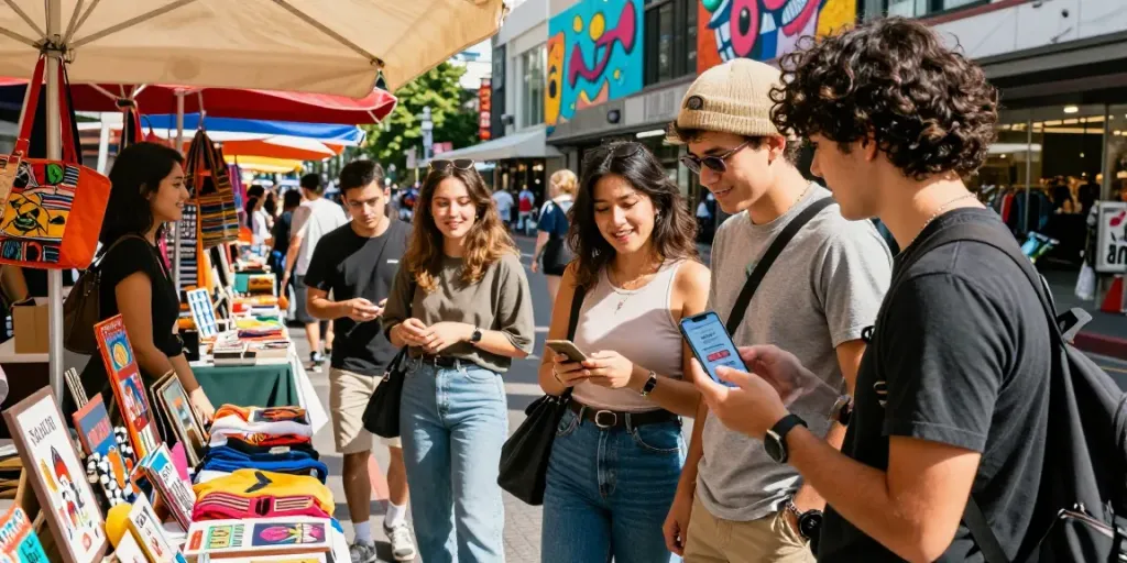 Friends enjoying a vibrant street market while checking rokok88 for exclusive shopping deals.