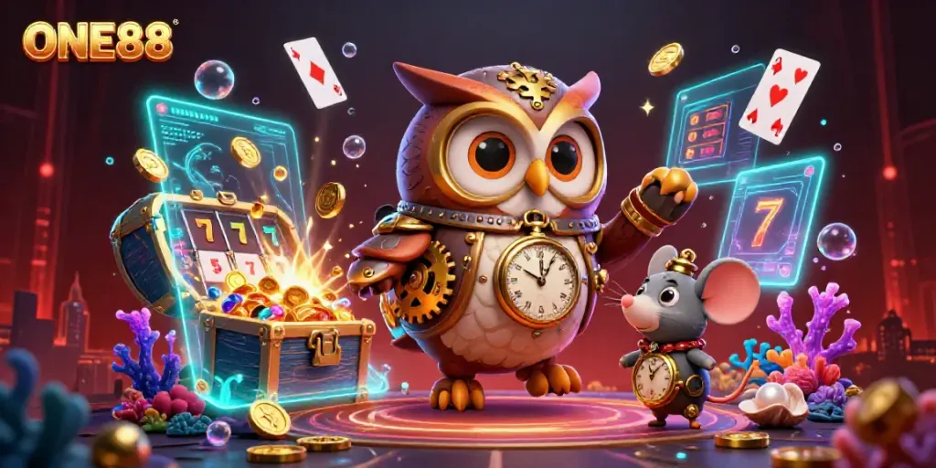 Experience the thrilling world of ONE88 with a vibrant, cinematic 3D casino scene full of excitement and dynamic gambling action.