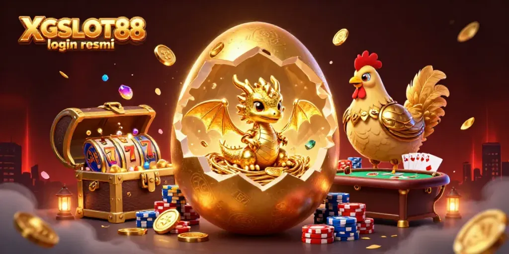 Melakukan XGSLOT88 login resmi dengan baby dragon dan simbol slot, menciptakan suasana kasino yang semarak.