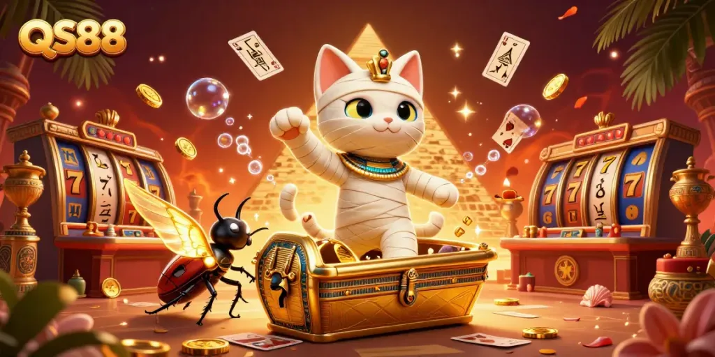 Experience the thrills at QS88 casino, featuring an Egyptian mummy cat and treasures galore.