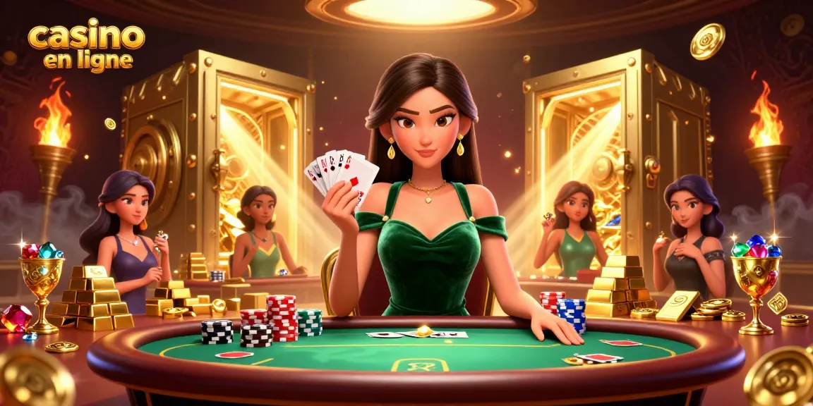 Jouez à des jeux passionnants dans un casino en ligne, illustré avec des trésors scintillants et une stratégie intense.