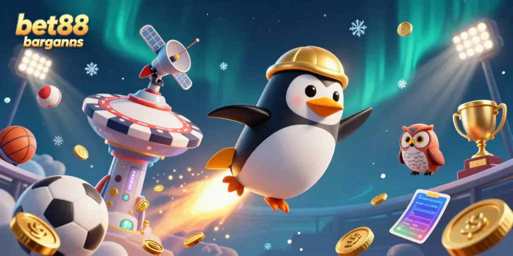 Bet88 bargains captivates with a golden penguin soaring through space, surrounded by dynamic sports elements.