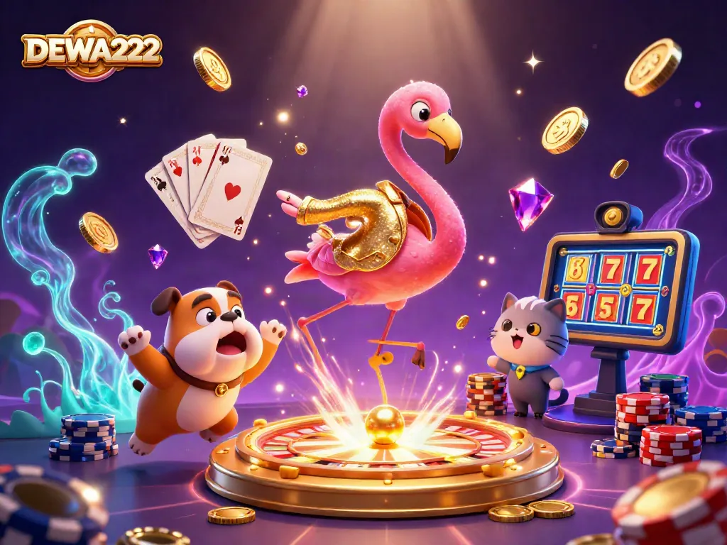 Spin the DEWA222 wheel with excitement as our cartoon characters celebrate big wins in this vibrant casino scene.
