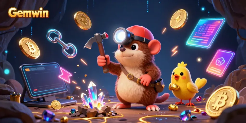 Engage in rich gaming experiences with Gemwin's vibrant digital illustration featuring treasure hunting and crypto elements.