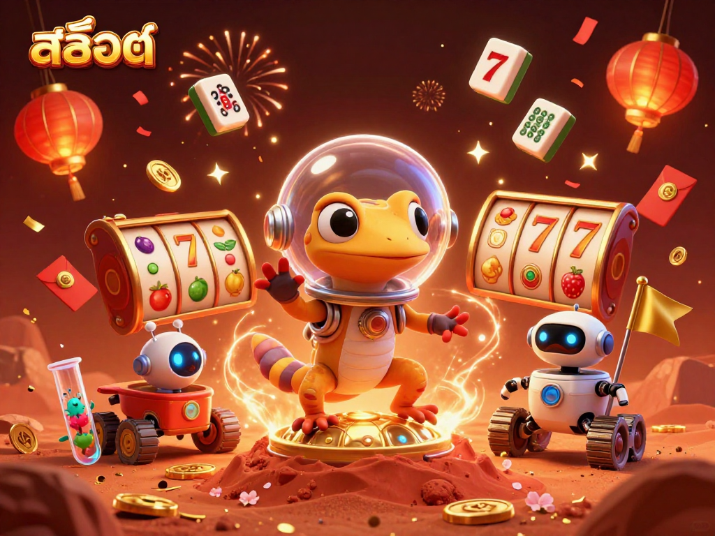 Play สล็อต slots with exciting elements in a vibrant casino scene featuring colorful characters and dynamic symbols.