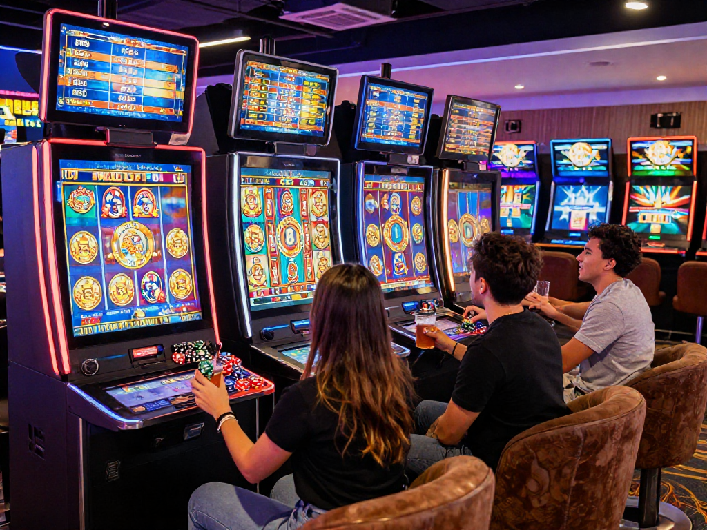 Friends enjoying a lively slot jackpot game in a vibrant casino atmosphere.