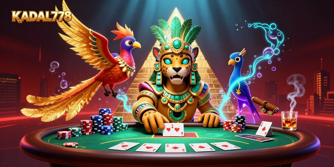 KADAL778 features an energetic gaming scene with a Mayan jaguar priest, quetzal bird, and poker elements.