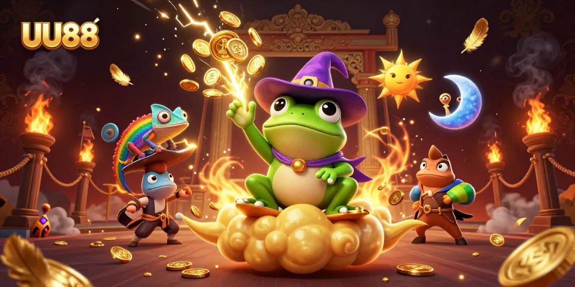Experience thrilling gameplay at UU88 with a vibrant 3D illustration of golden coins, dynamic characters, and excitement.