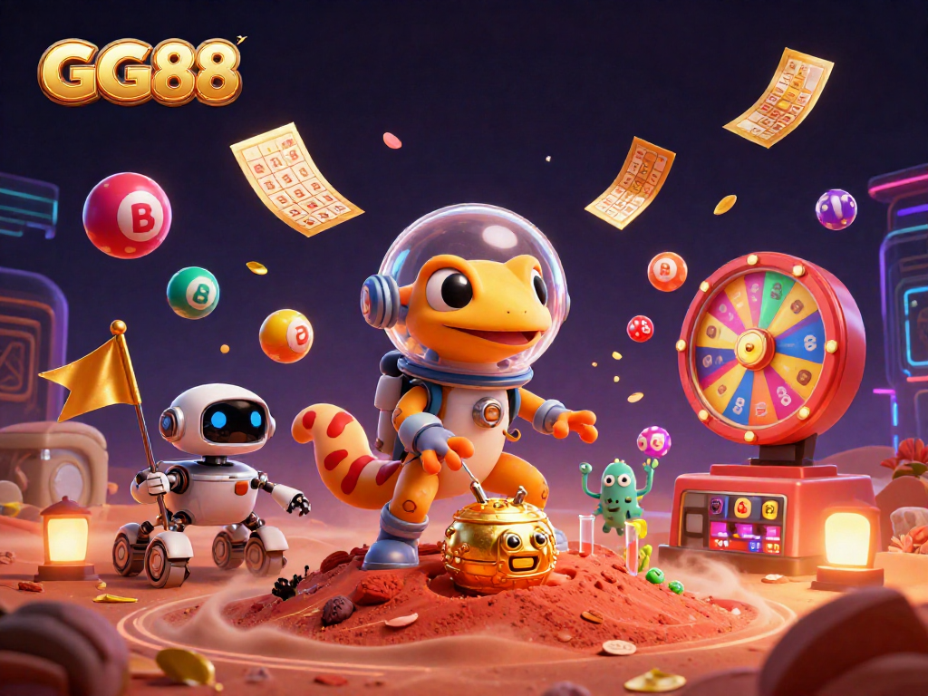 Join the fun at GG88 as our Martian gecko discovers a vibrant gaming universe filled with excitement.