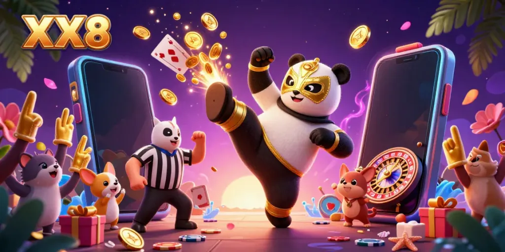 Experience the excitement of XX8 with a dynamic scene featuring a panda wrestler and animal spectators amidst vibrant casino elements.
